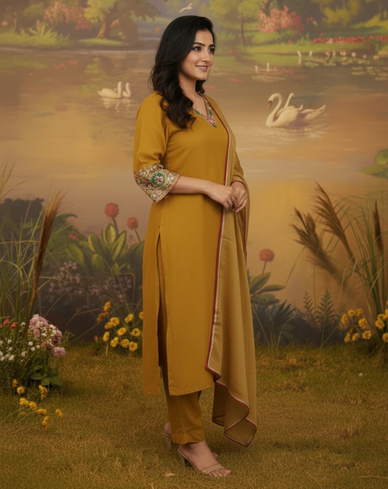 MUSTARD MUSE CHANDERI SUIT SET