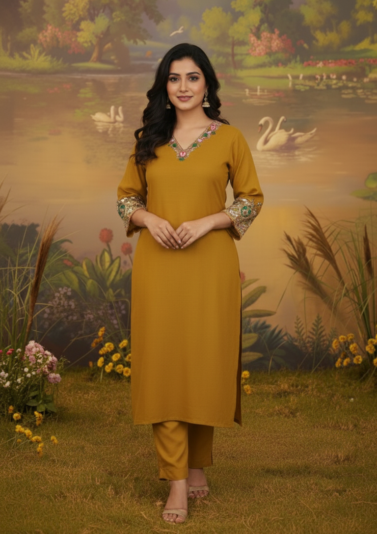 MUSTARD MUSE CHANDERI SUIT SET
