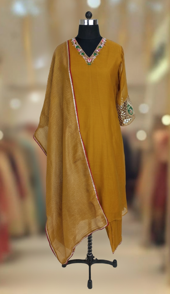 MUSTARD MUSE CHANDERI SUIT SET