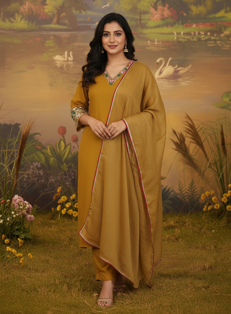 MUSTARD MUSE CHANDERI SUIT SET