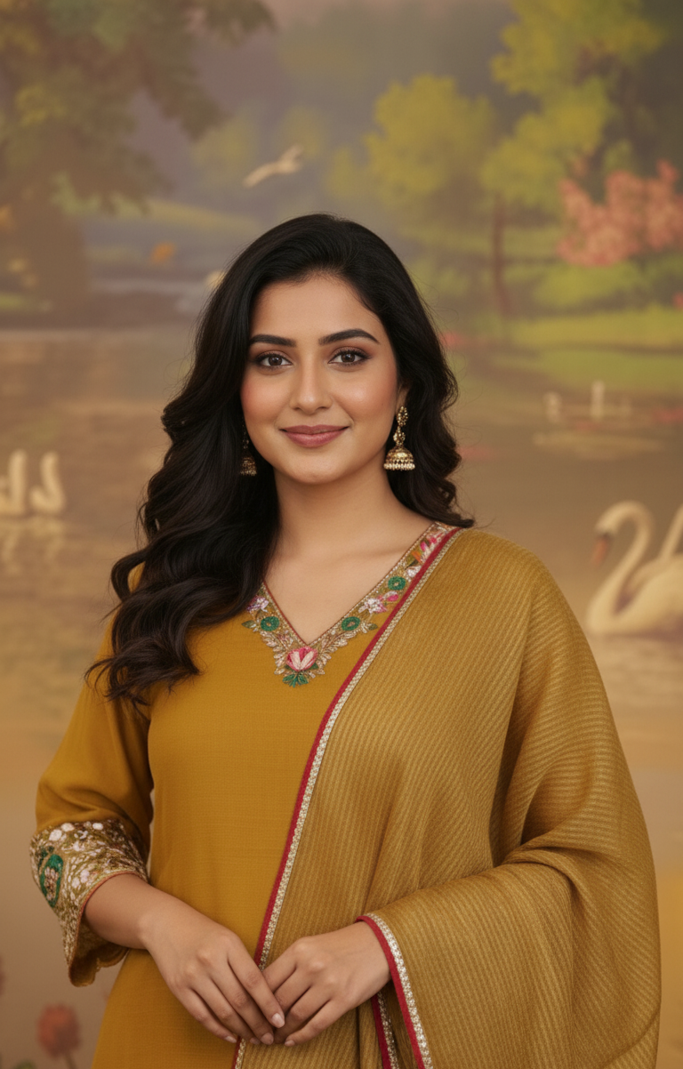MUSTARD MUSE CHANDERI SUIT SET