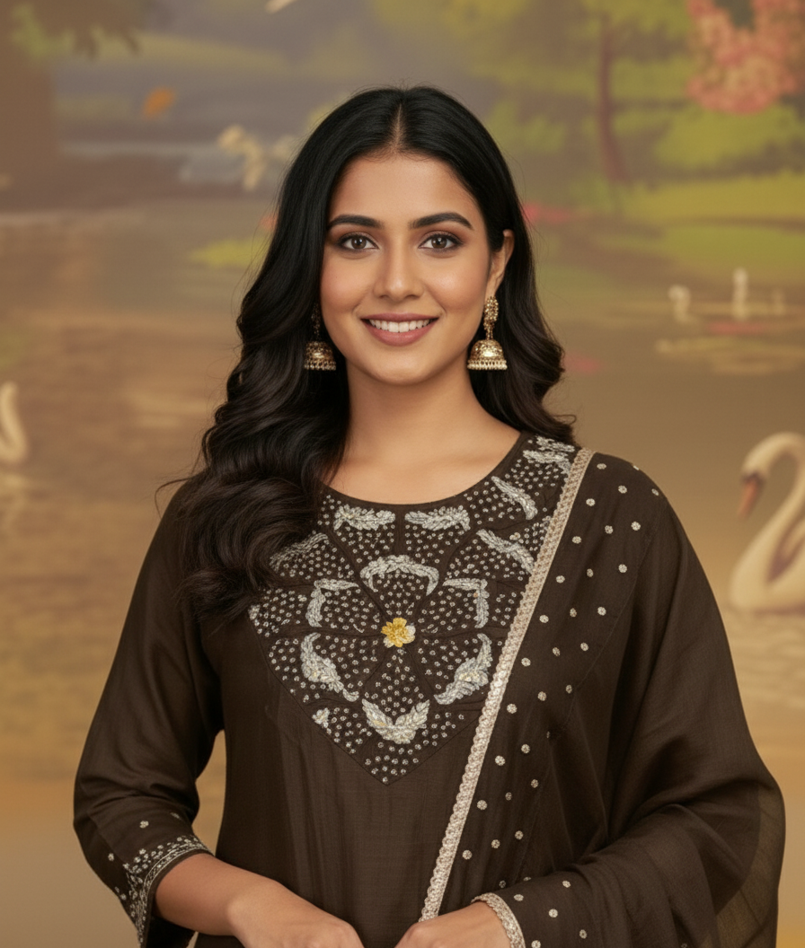 BROWN CHANDERI SUIT SET