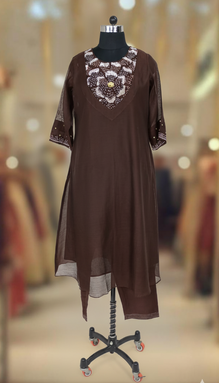 BROWN CHANDERI SUIT SET