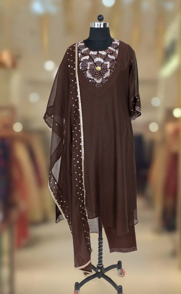 BROWN CHANDERI SUIT SET