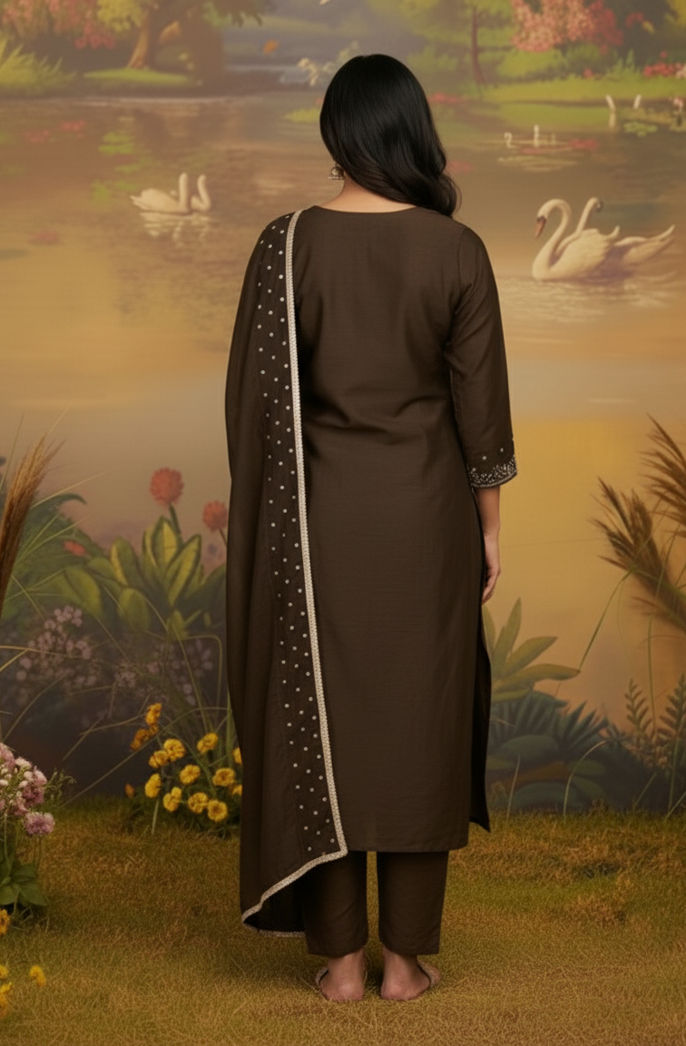 BROWN CHANDERI SUIT SET