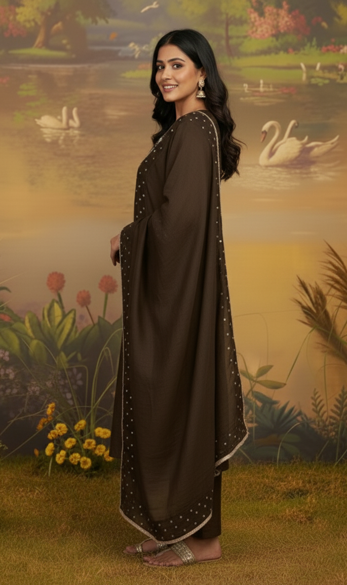 BROWN CHANDERI SUIT SET