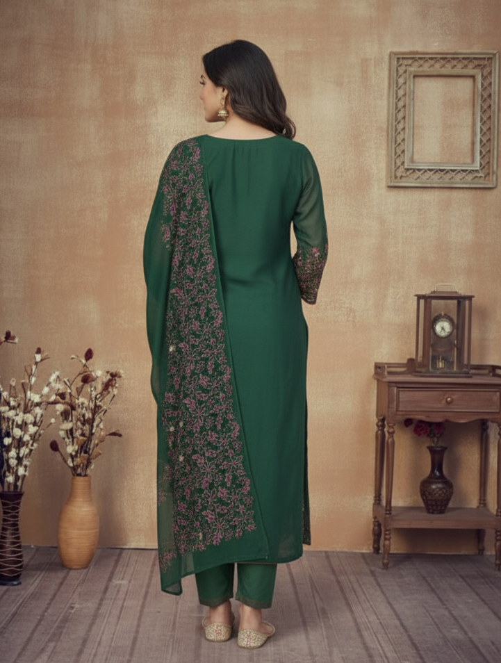 BOTTLE GREEN CHANDERI SUIT SET