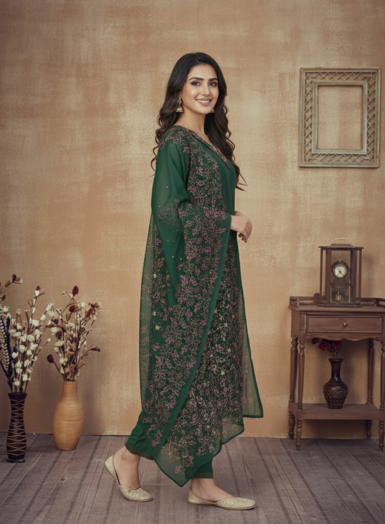 BOTTLE GREEN CHANDERI SUIT SET