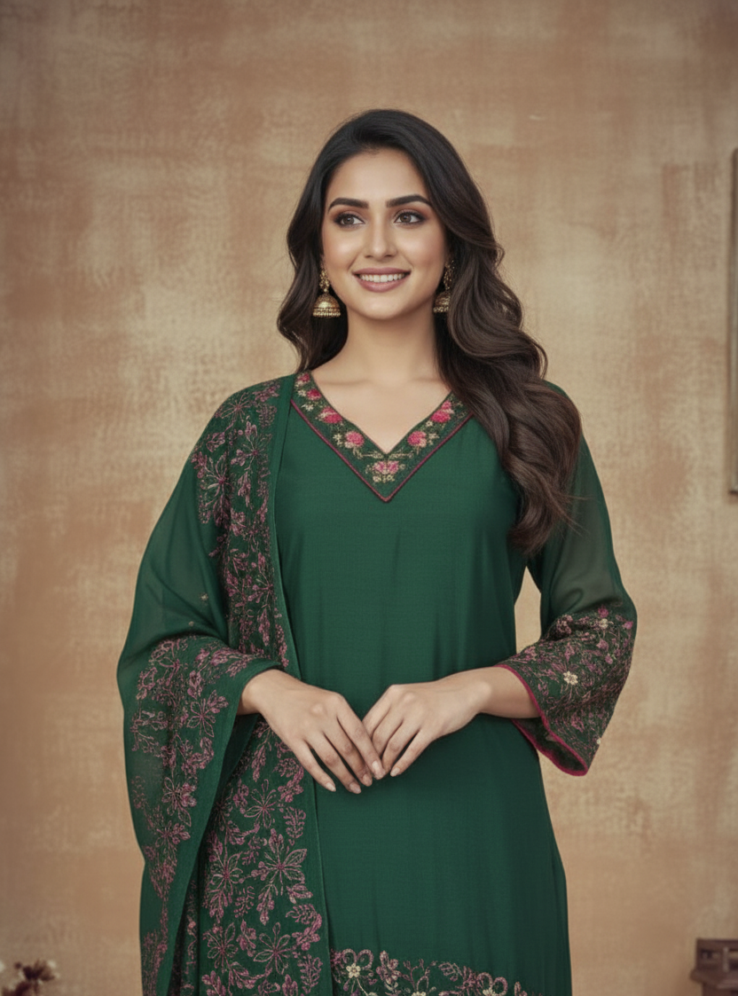 BOTTLE GREEN CHANDERI SUIT SET
