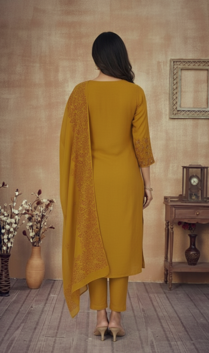 MUSTARD YELLOW CHANDERI SUIT SET