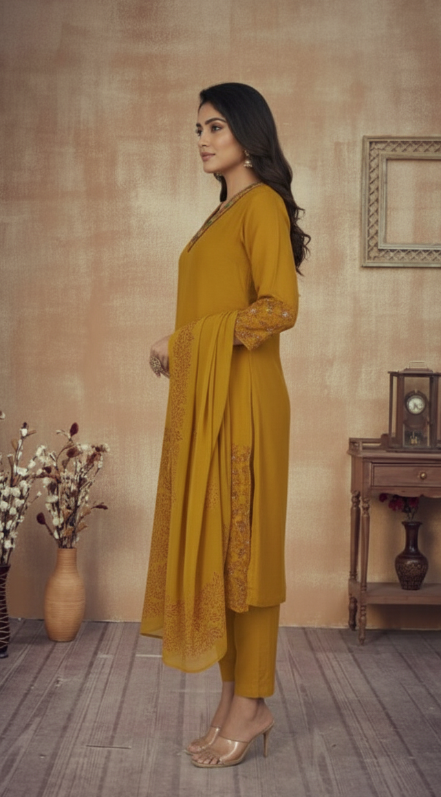 MUSTARD YELLOW CHANDERI SUIT SET