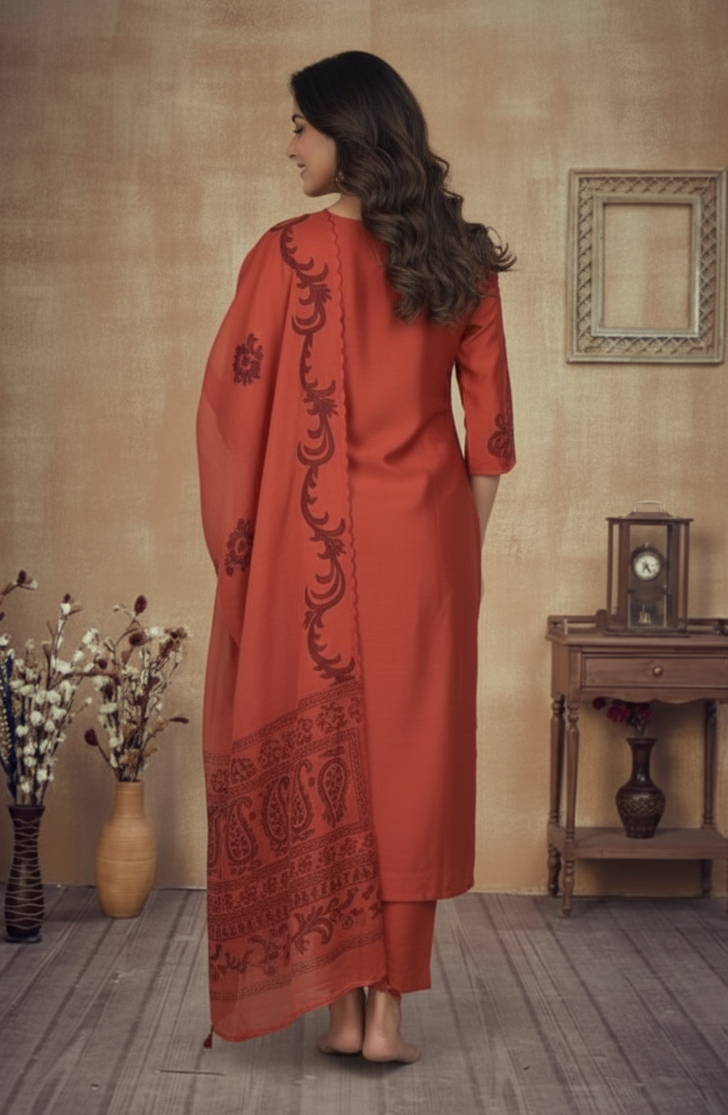 DARK ORANGE CHANDERI SUIT SET