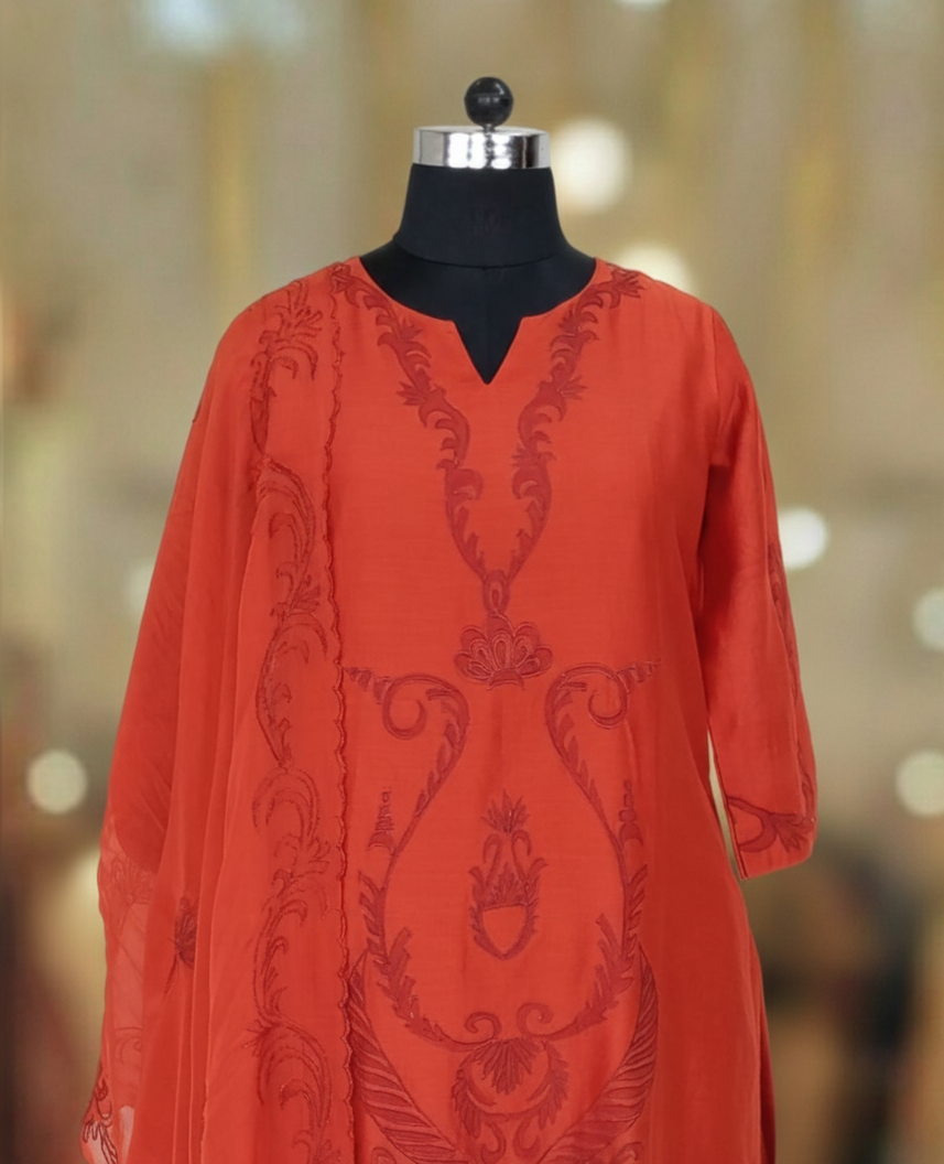 DARK ORANGE CHANDERI SUIT SET