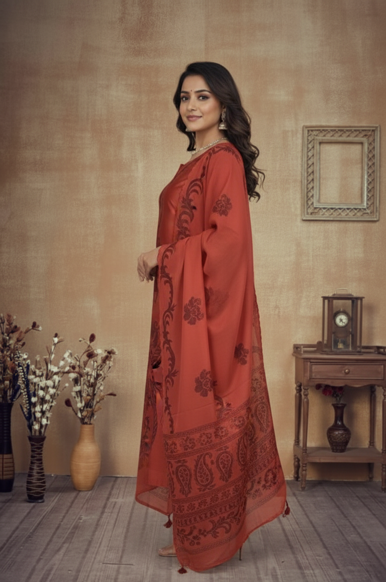 DARK ORANGE CHANDERI SUIT SET