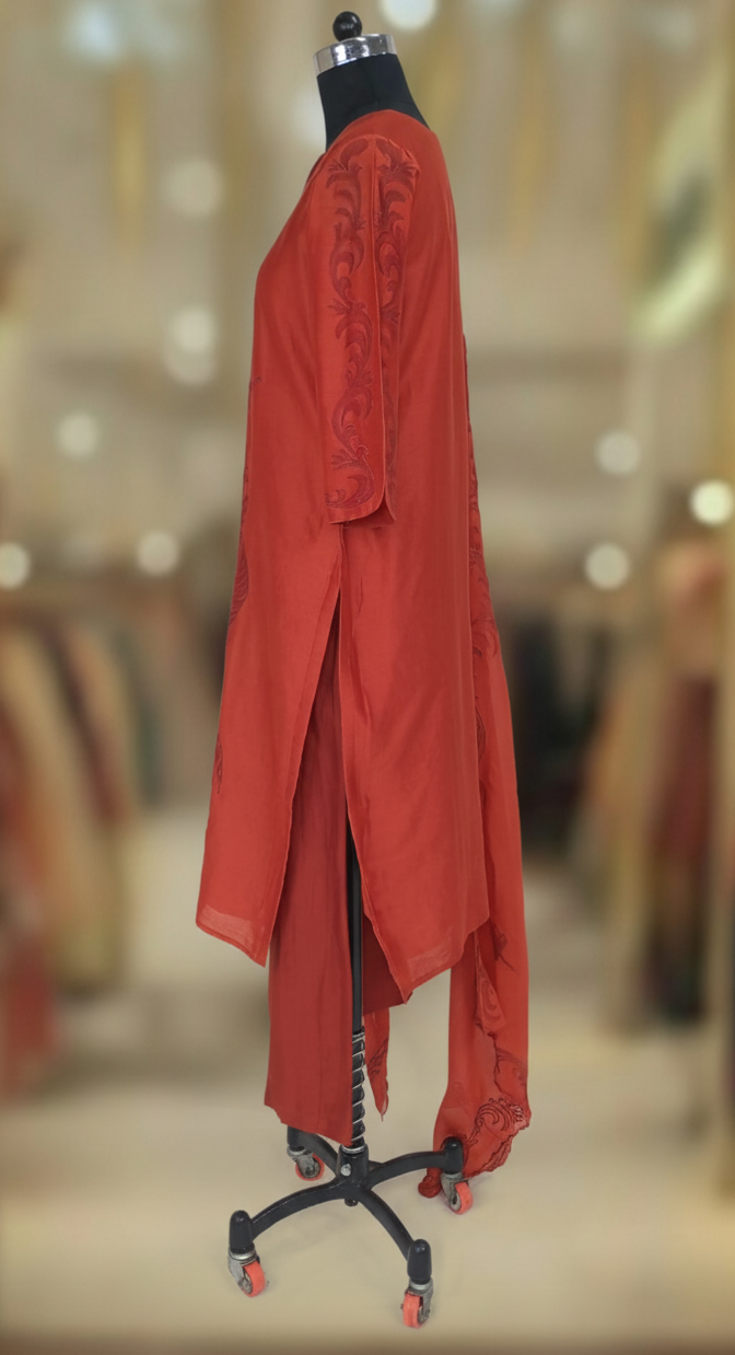 DARK ORANGE CHANDERI SUIT SET