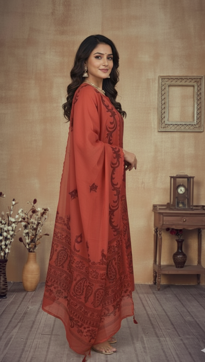 DARK ORANGE CHANDERI SUIT SET
