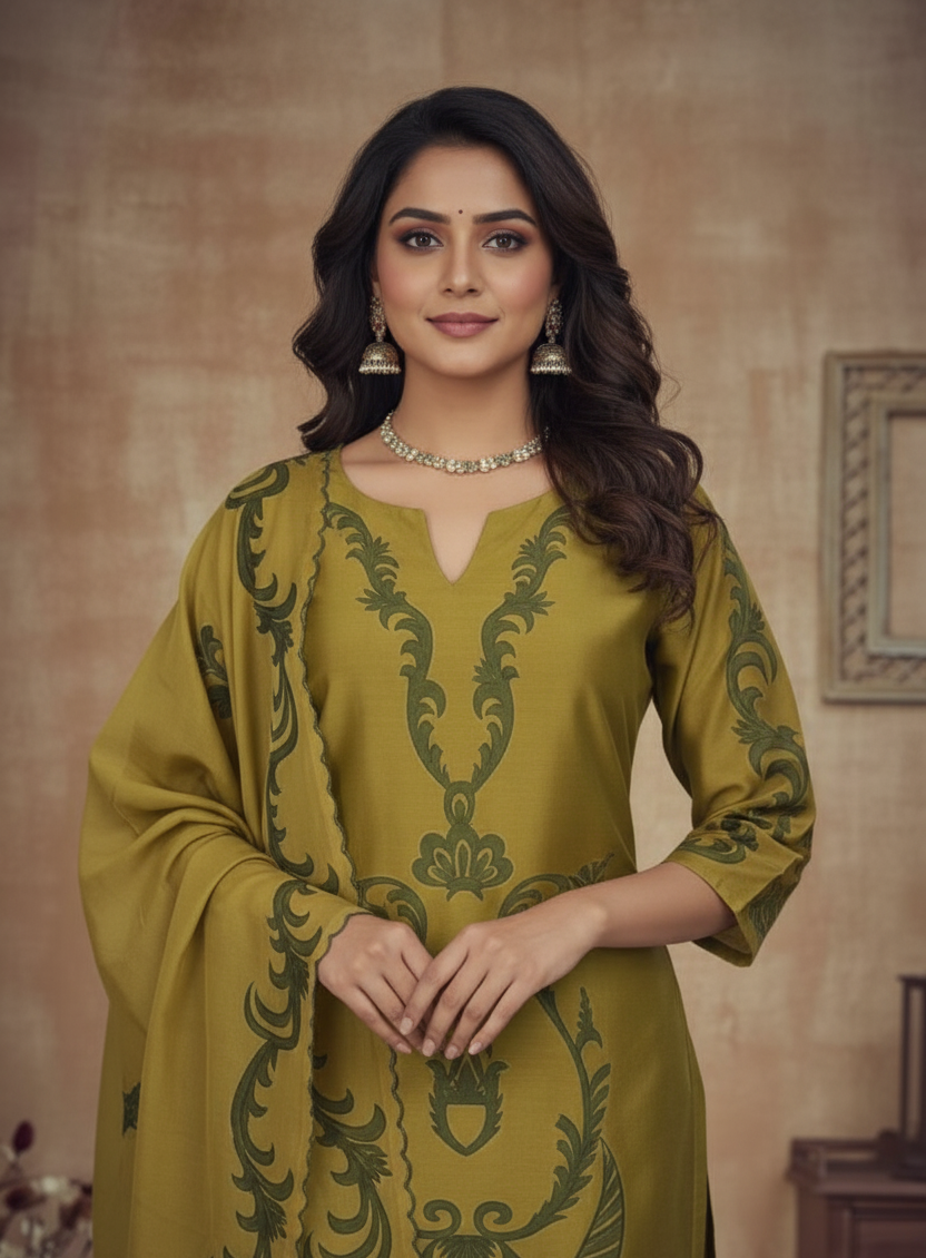 LIGHT MEHANDI GREEN CHANDERI SUIT SET