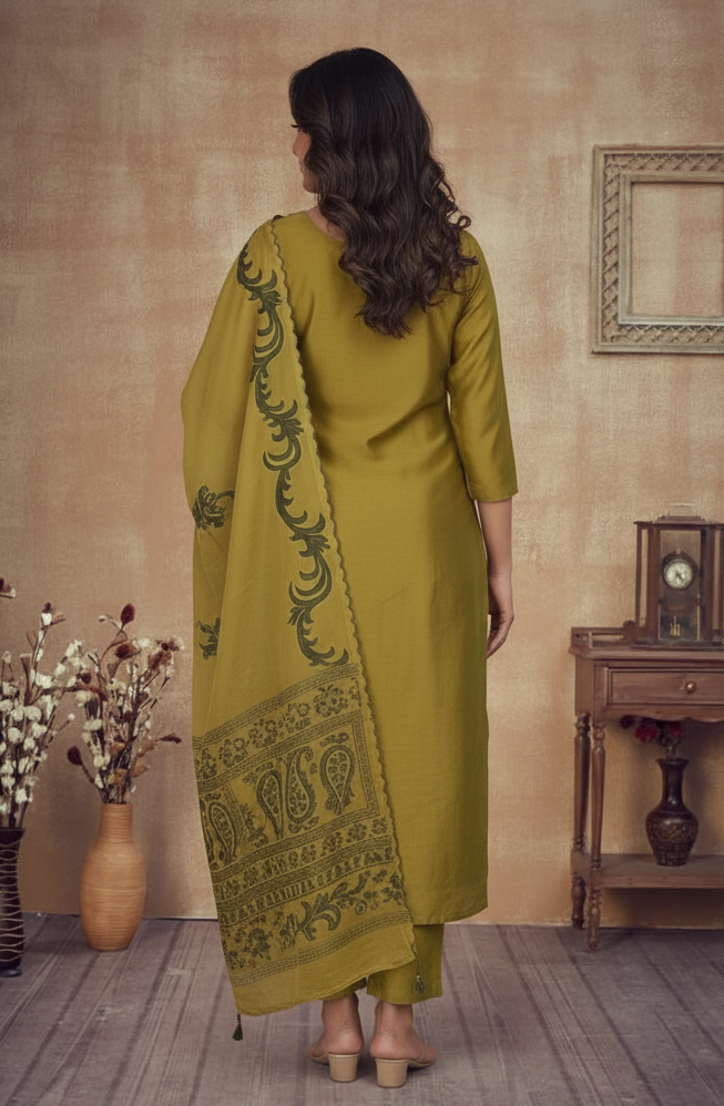 LIGHT MEHANDI GREEN CHANDERI SUIT SET