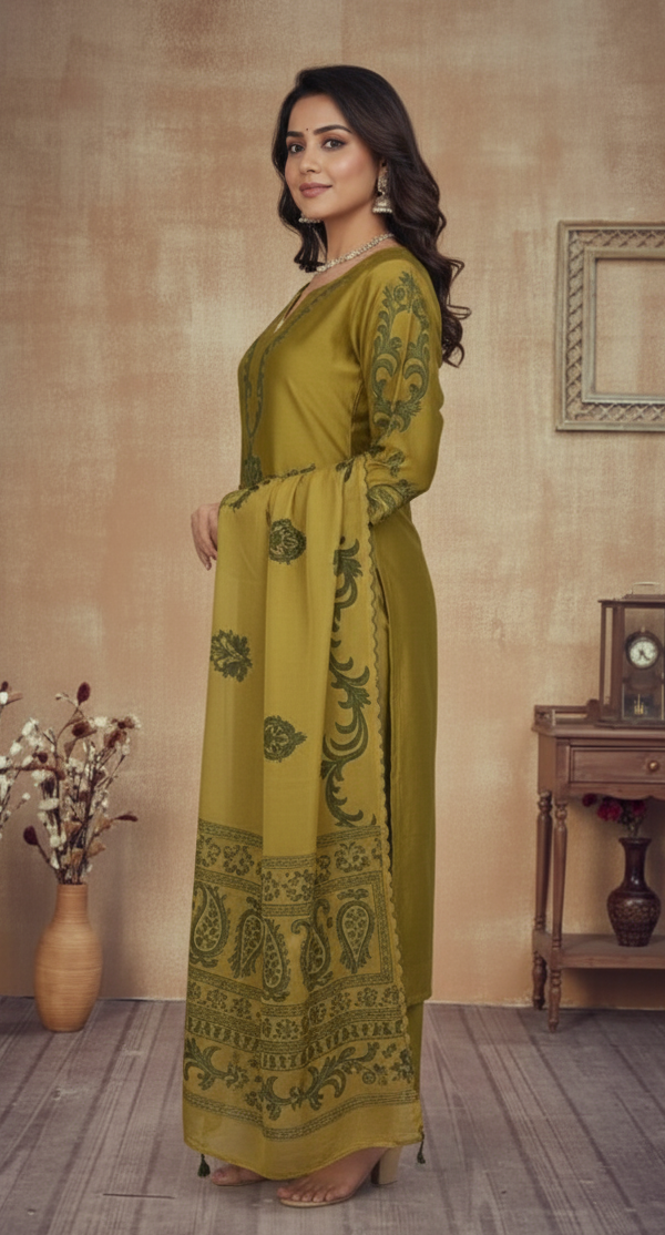 LIGHT MEHANDI GREEN CHANDERI SUIT SET