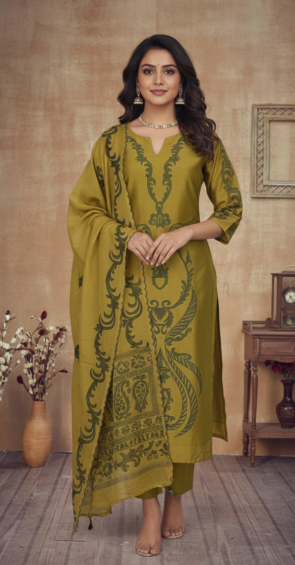 LIGHT MEHANDI GREEN CHANDERI SUIT SET