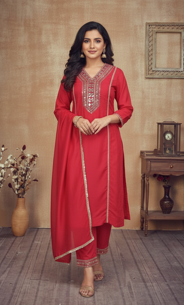 RED TUSSAR SILK SUIT SET