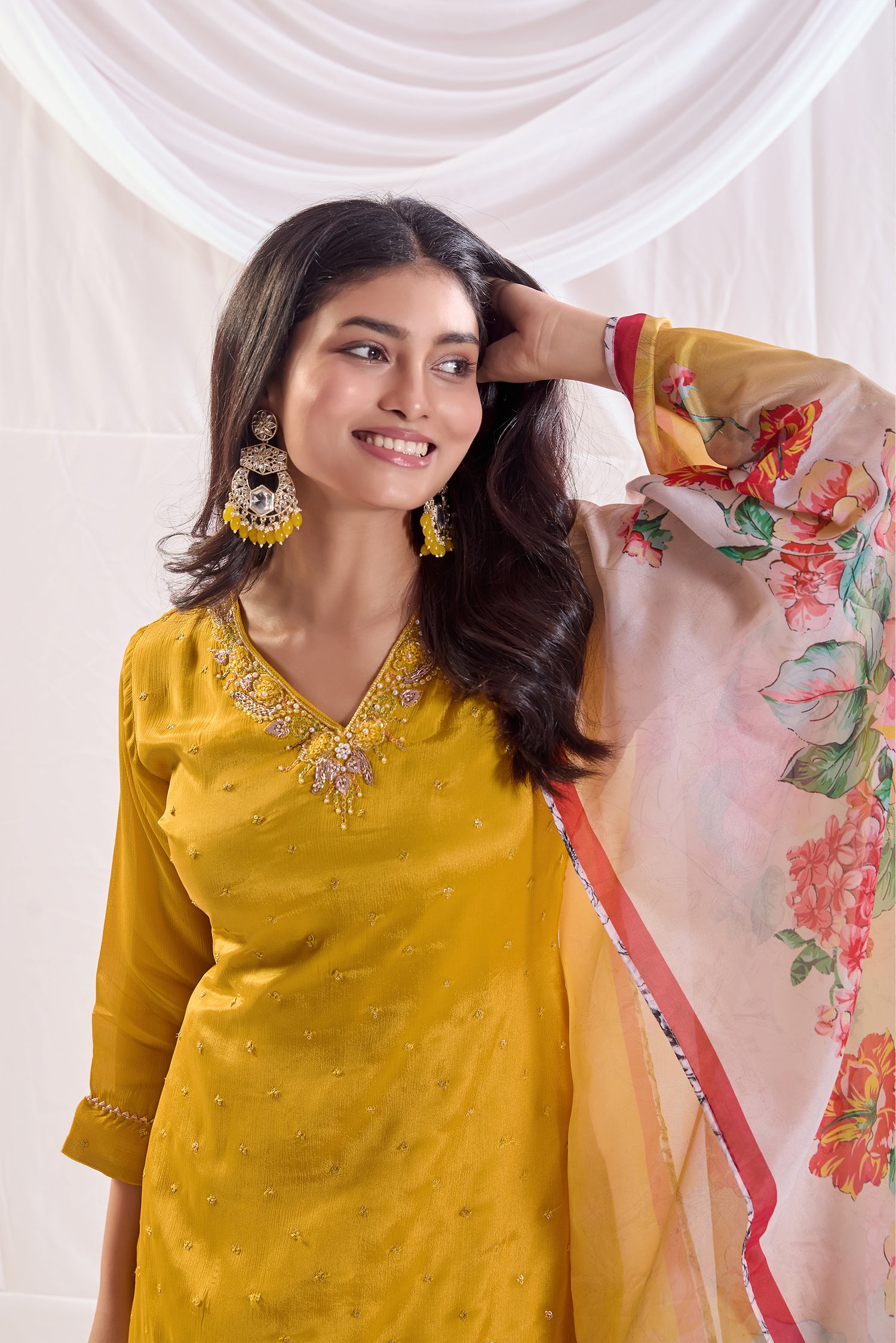 Bright Yellow Chinnon Printed Kurta Set with Embroidery