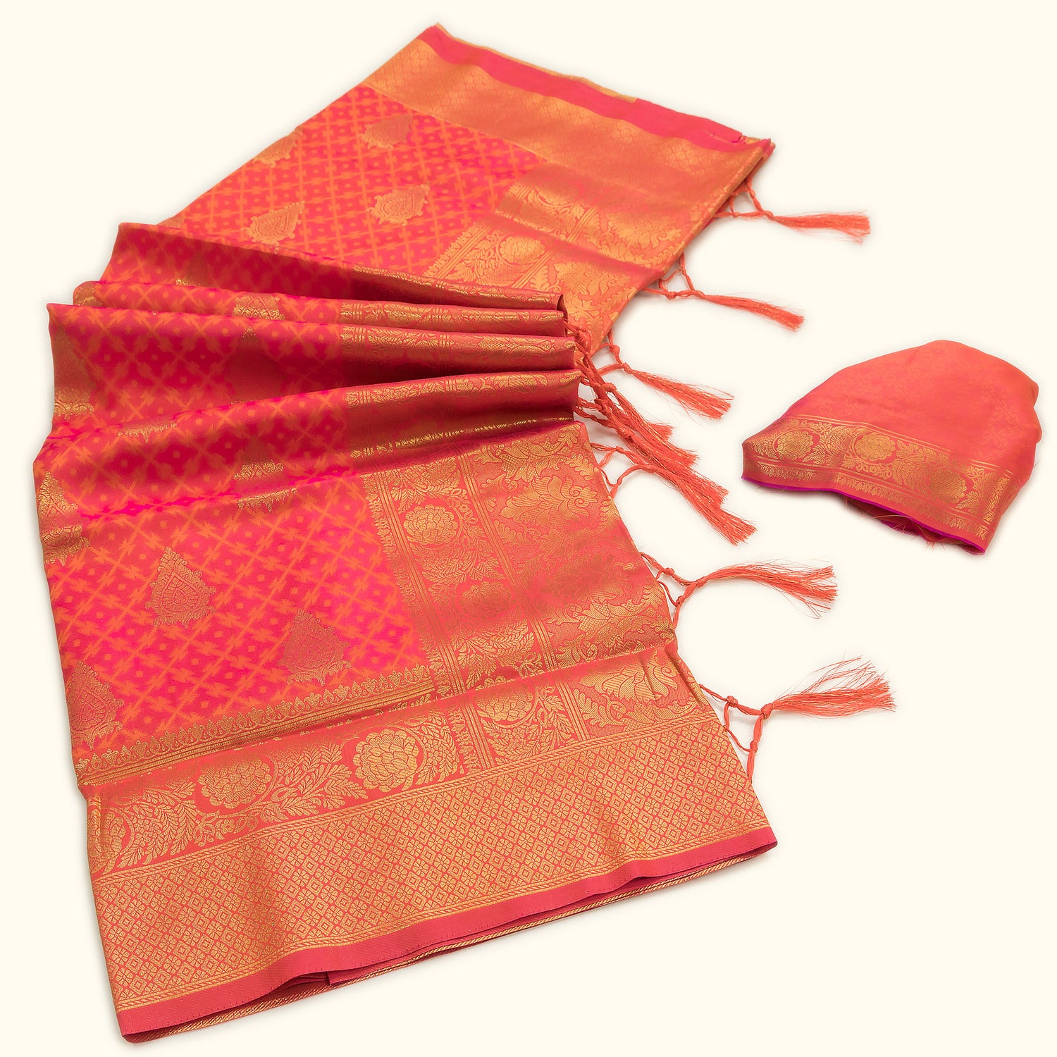 Golden Accented Pink Silk Saree