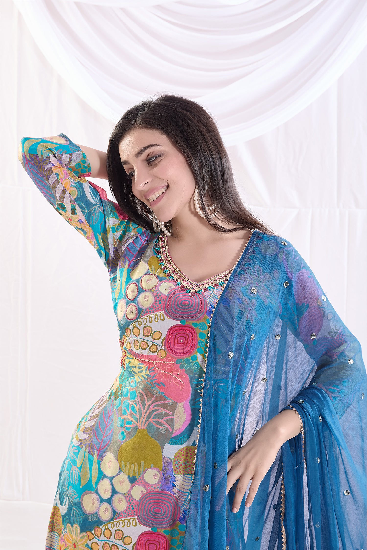 Vibrant Multicolour Crepe Printed Kurta set with Embroidery