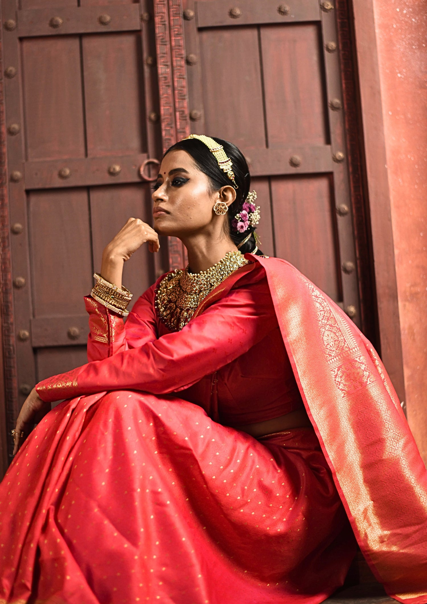 Red Pink Soft Silk Zari Saree