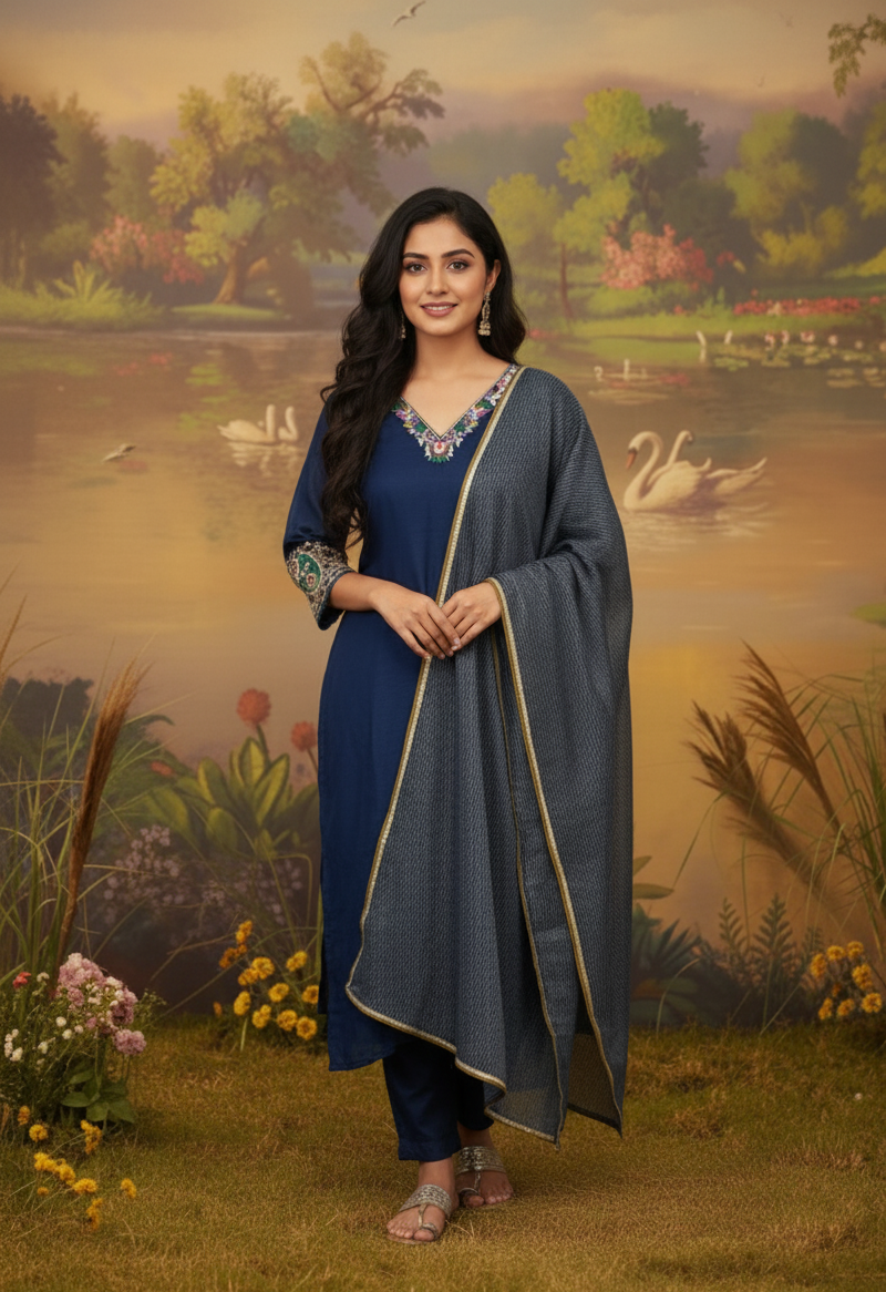 ROYAL BLUE CHANDERI SUIT SET