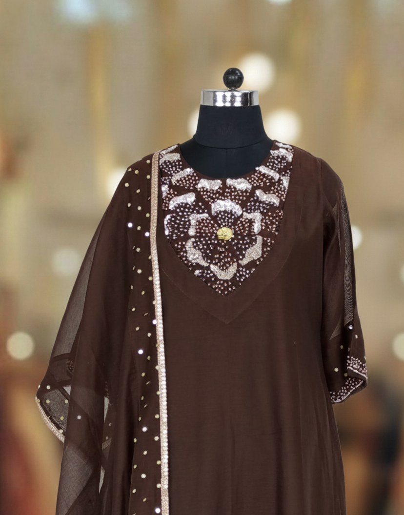 BROWN CHANDERI SUIT SET