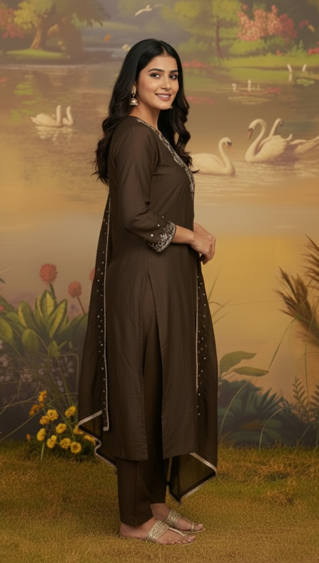 BROWN CHANDERI SUIT SET