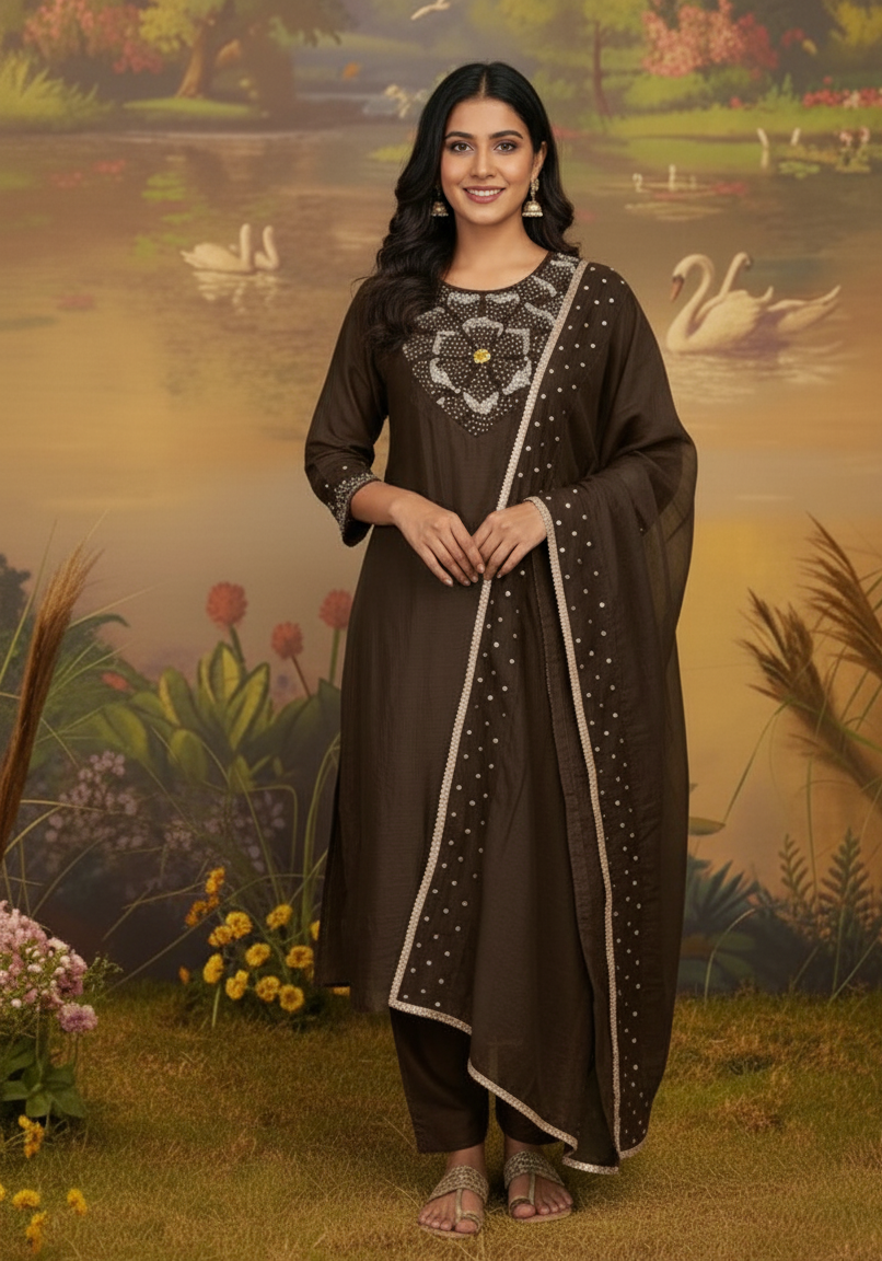 BROWN CHANDERI SUIT SET