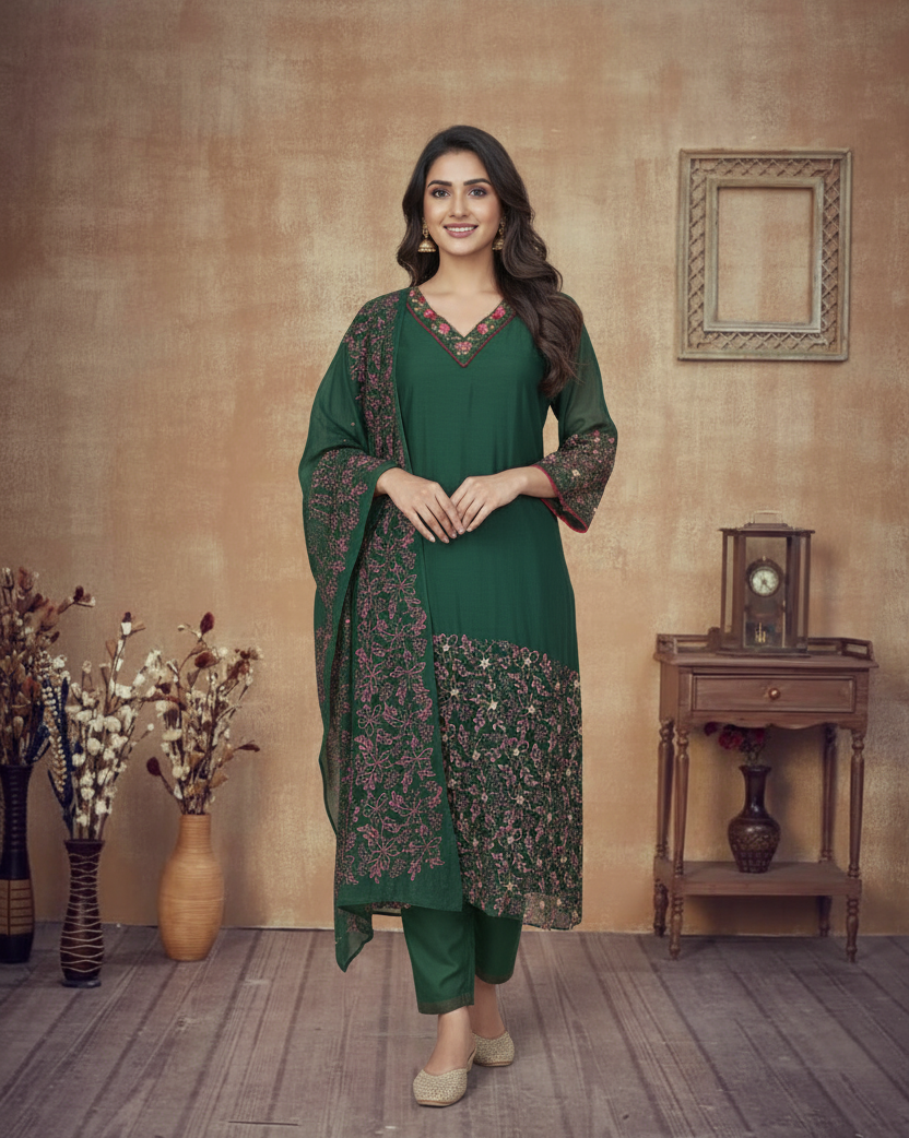 BOTTLE GREEN CHANDERI SUIT SET
