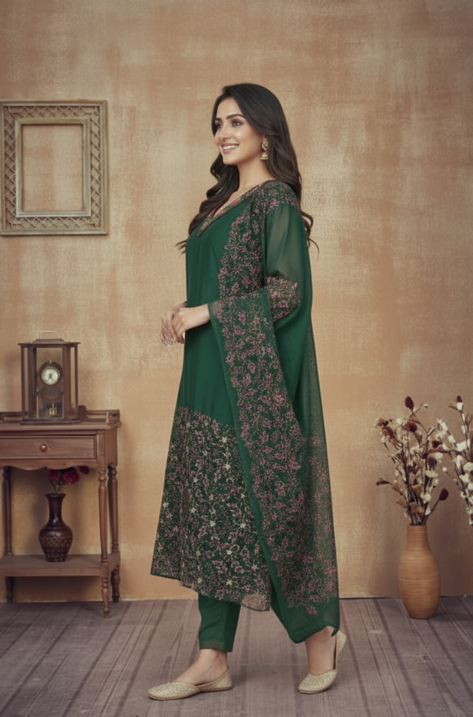 BOTTLE GREEN CHANDERI SUIT SET