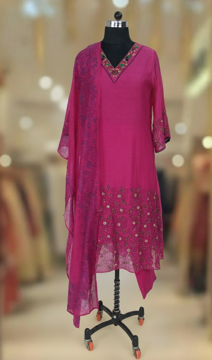 RANI PINK  CHANDERI SUIT SET
