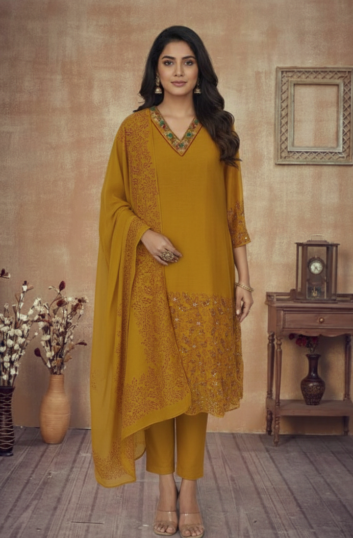 MUSTARD YELLOW CHANDERI SUIT SET