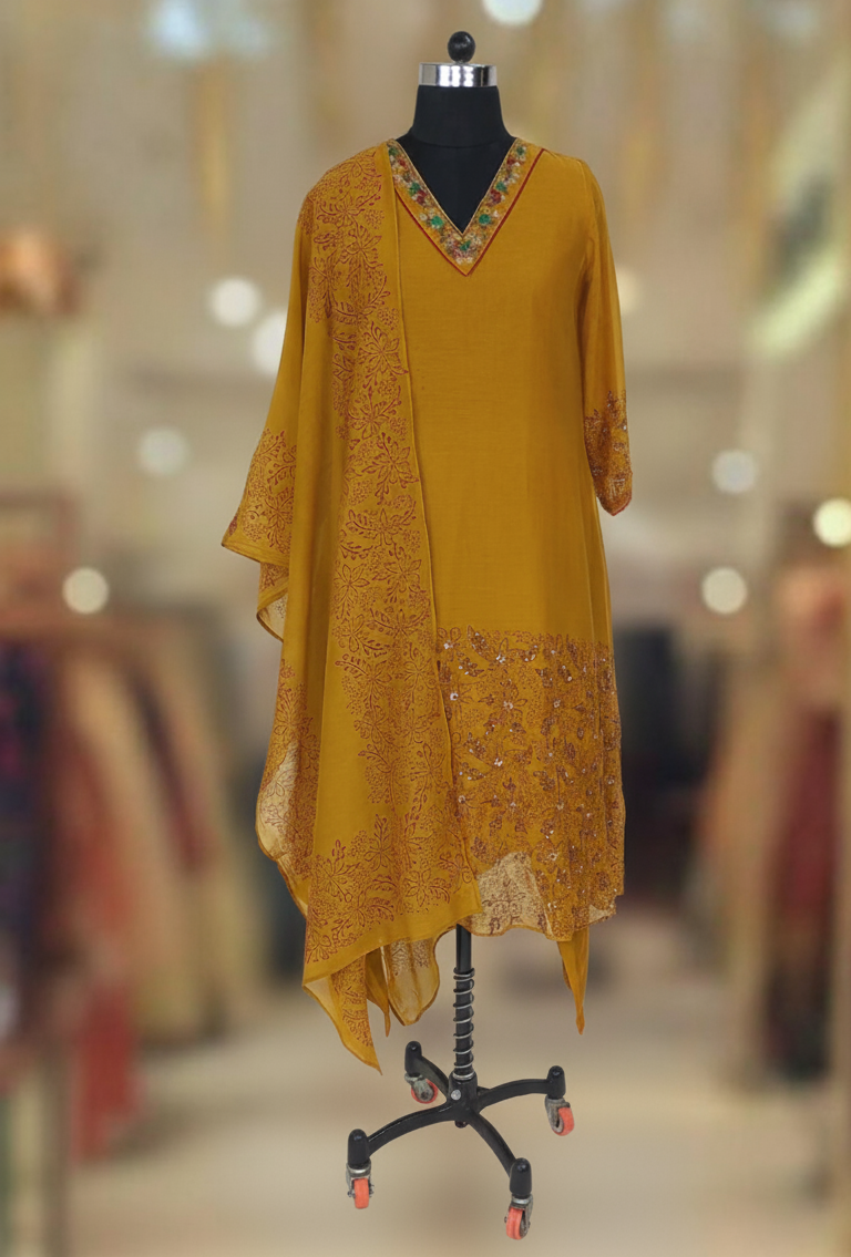 MUSTARD YELLOW CHANDERI SUIT SET