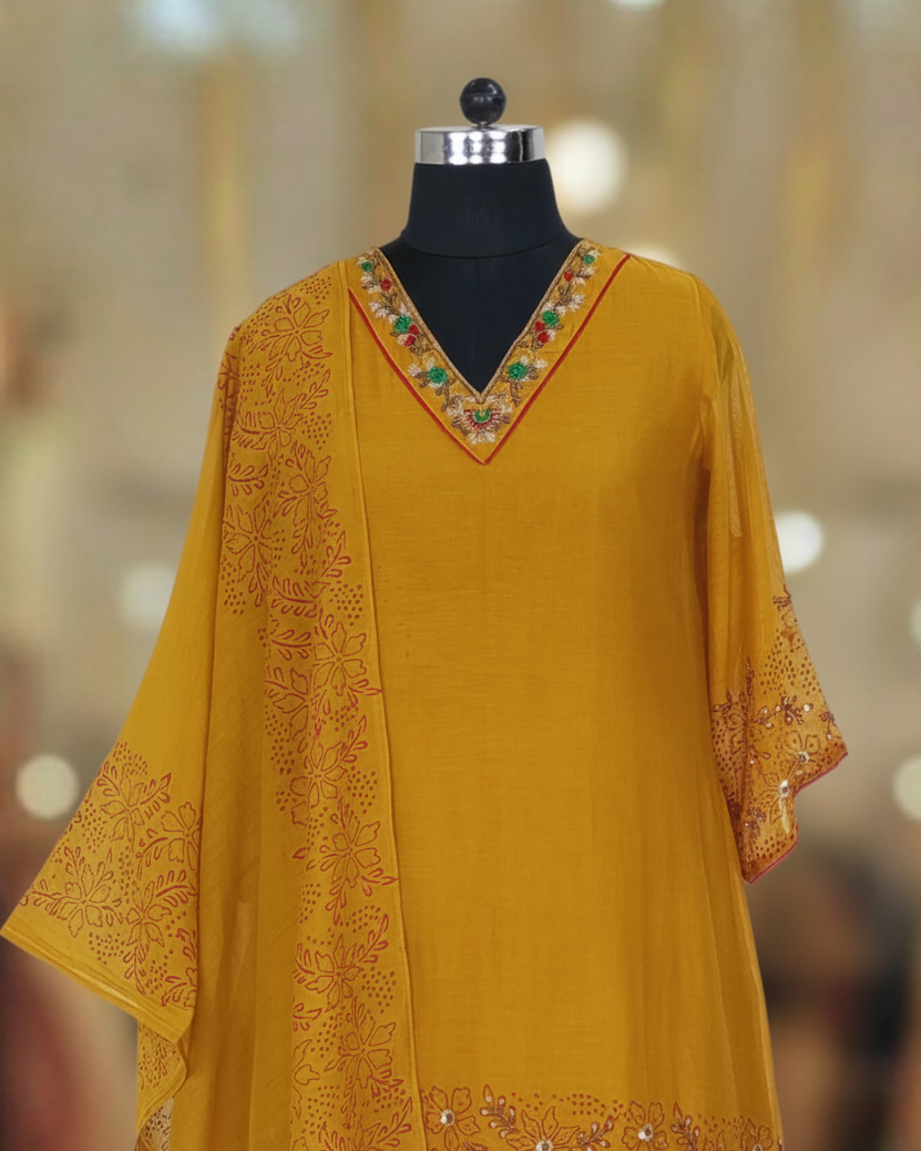 MUSTARD YELLOW CHANDERI SUIT SET