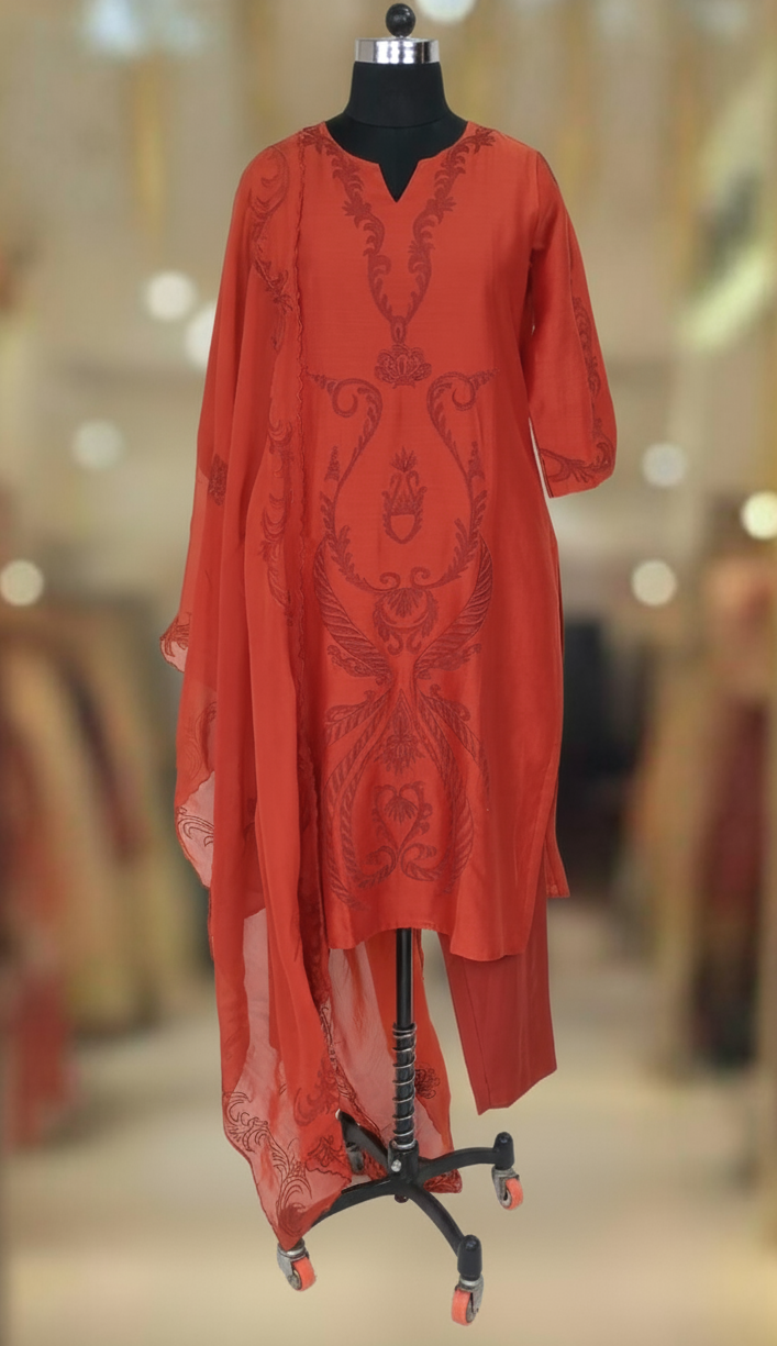 DARK ORANGE CHANDERI SUIT  SET