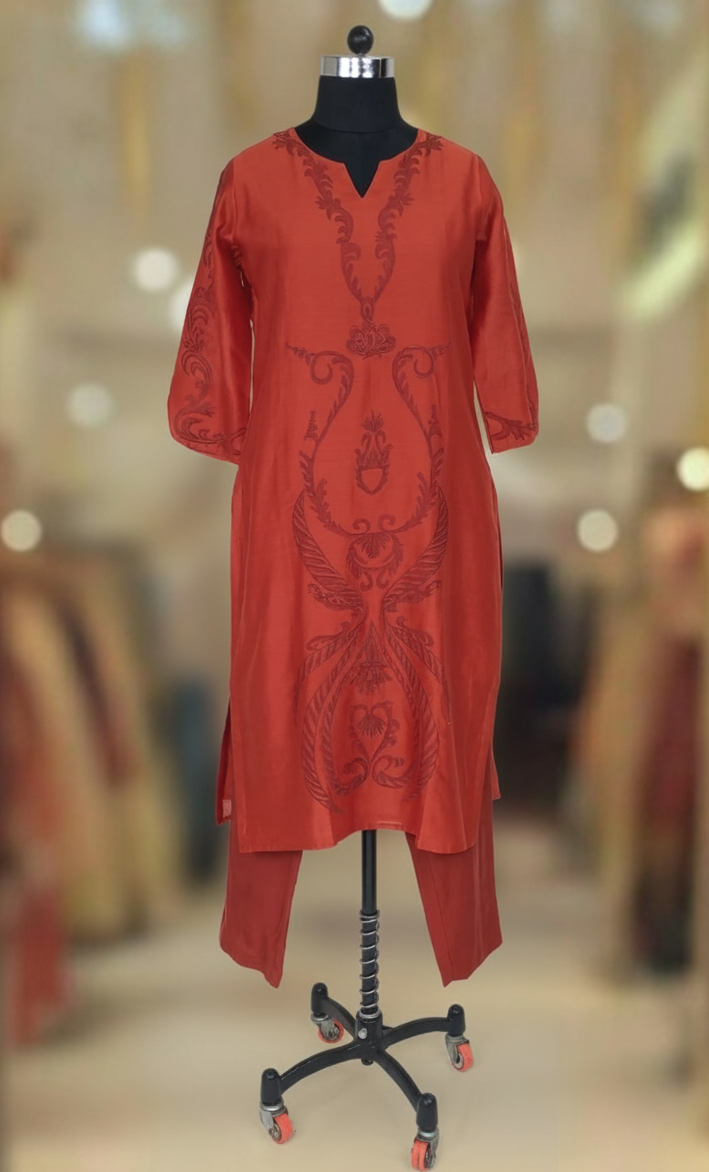 DARK ORANGE CHANDERI SUIT  SET