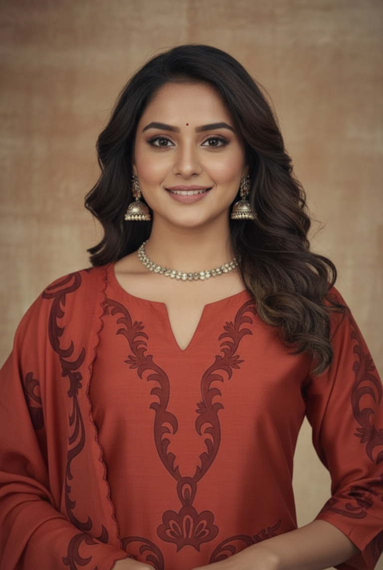 DARK ORANGE CHANDERI SUIT  SET