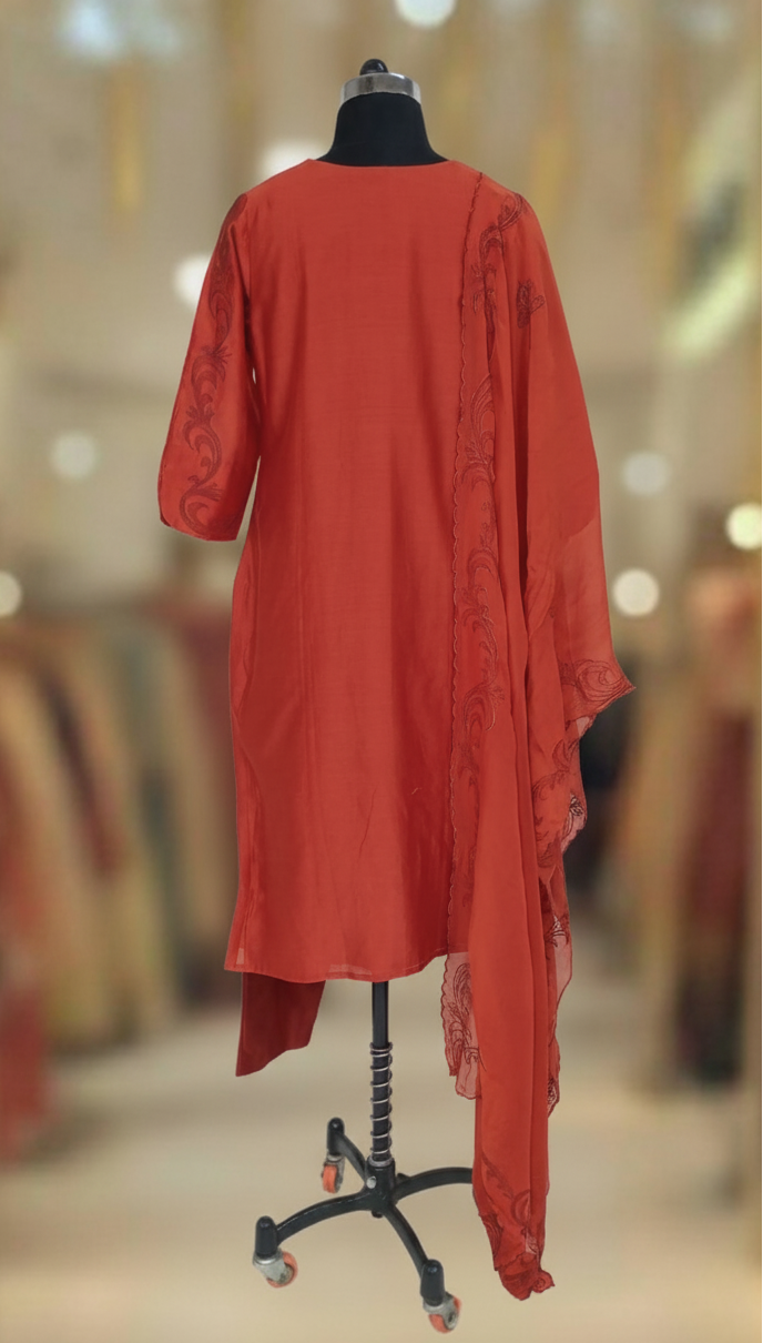 DARK ORANGE CHANDERI SUIT  SET