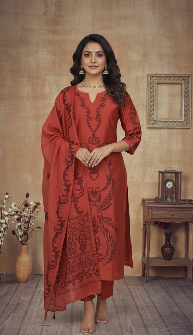 DARK ORANGE CHANDERI SUIT  SET