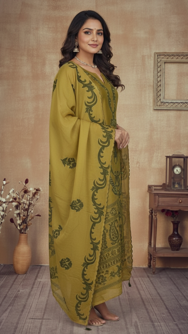 LIGHT MEHANDI GREEN CHANDERI SUIT SET