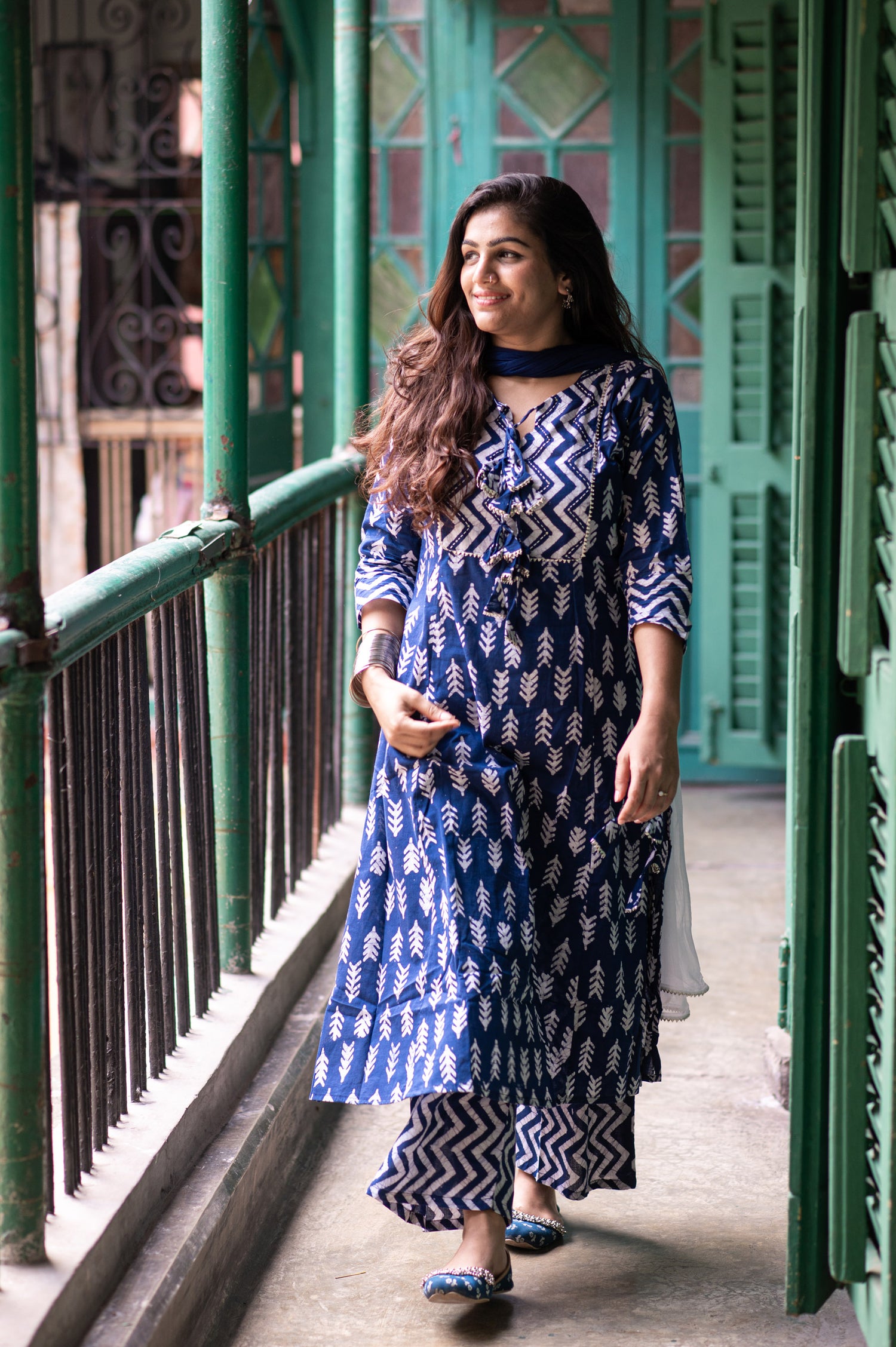 Celestial Blue Cotton Printed Kurta set with Embroidery