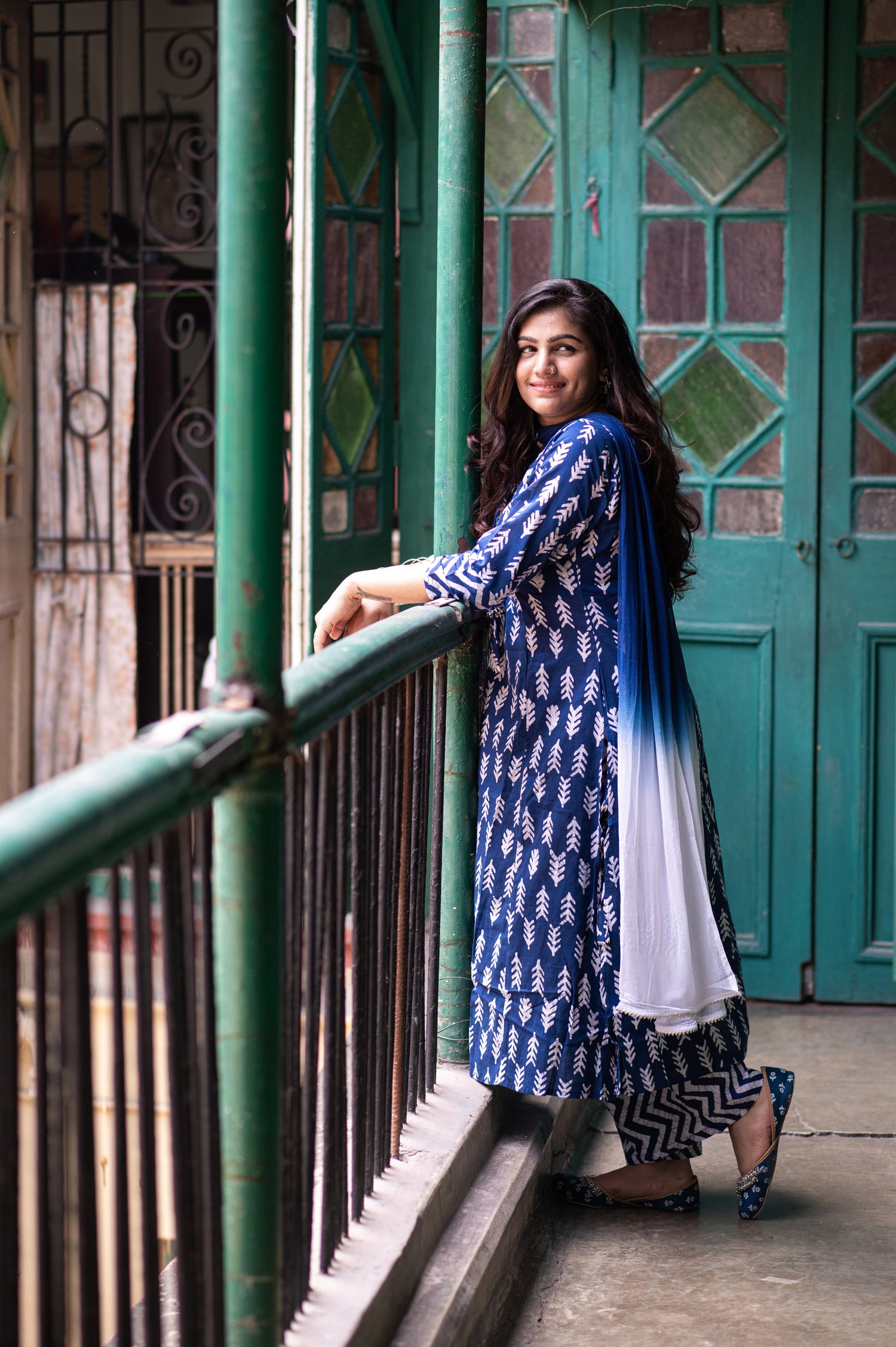 Celestial Blue Cotton Printed Kurta set with Embroidery