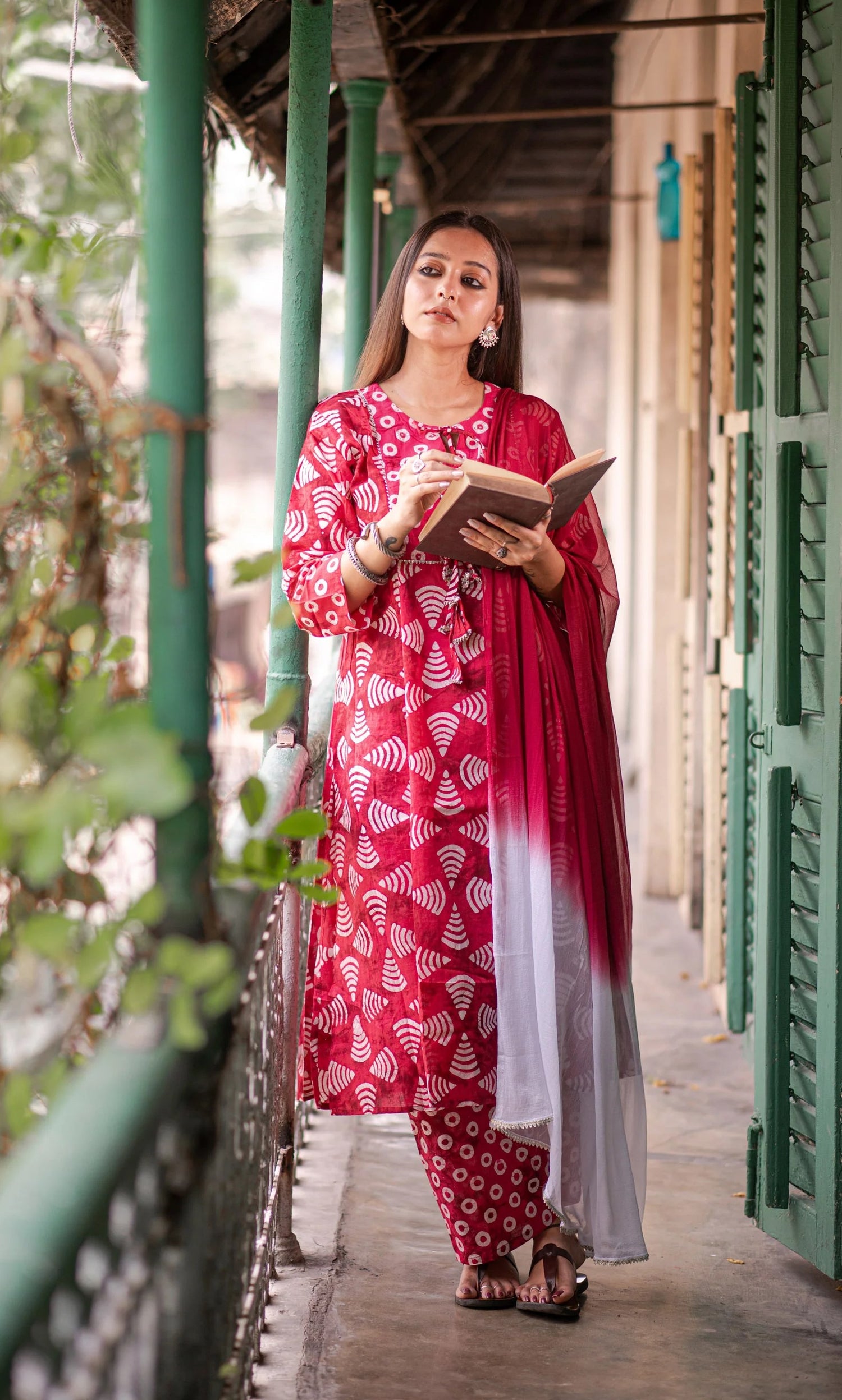 Radiant Red Cotton Printed Kurta set with Embroidery