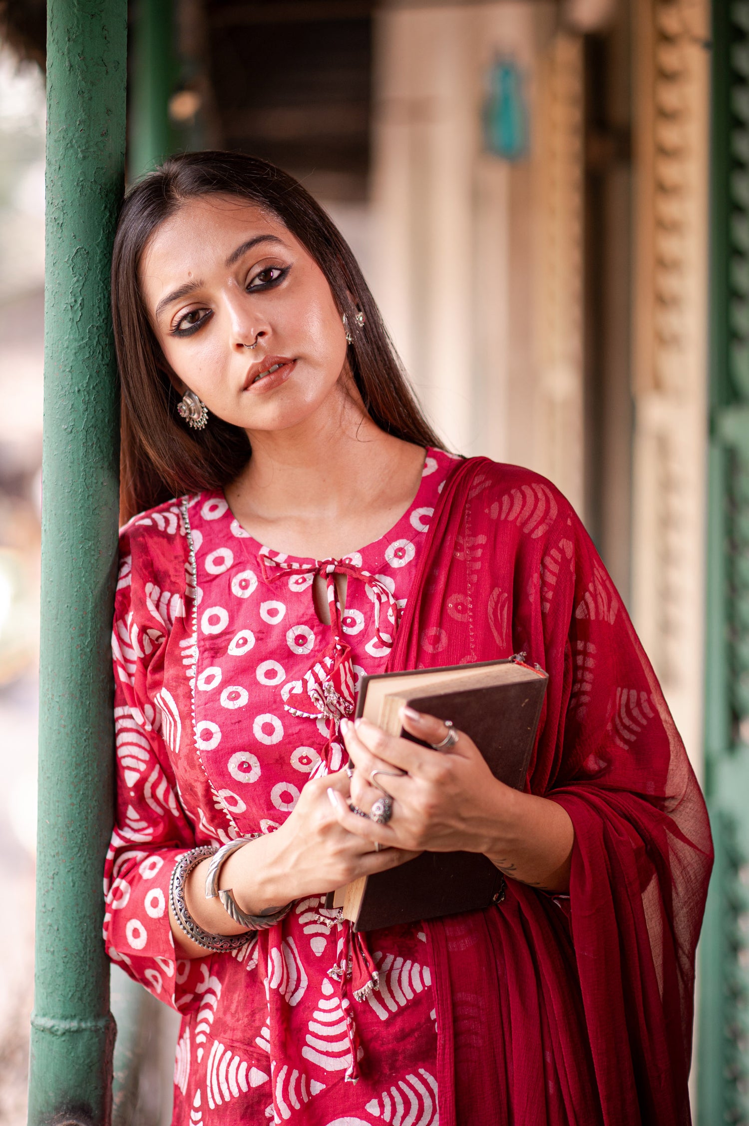 Radiant Red Cotton Printed Kurta set with Embroidery