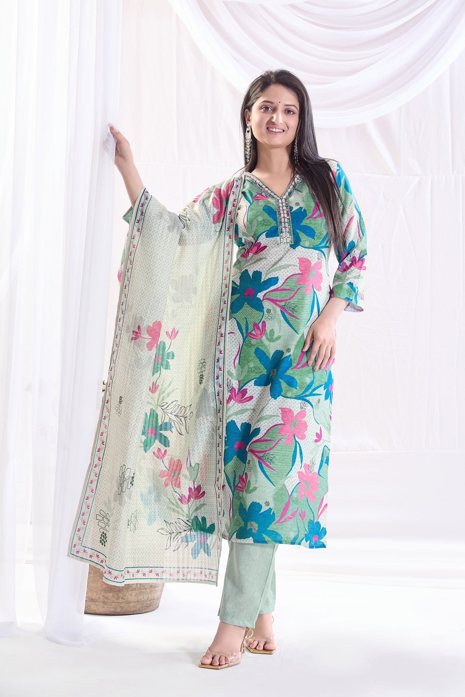 Khush Rang Linen Printed Kurta set with Embroidery